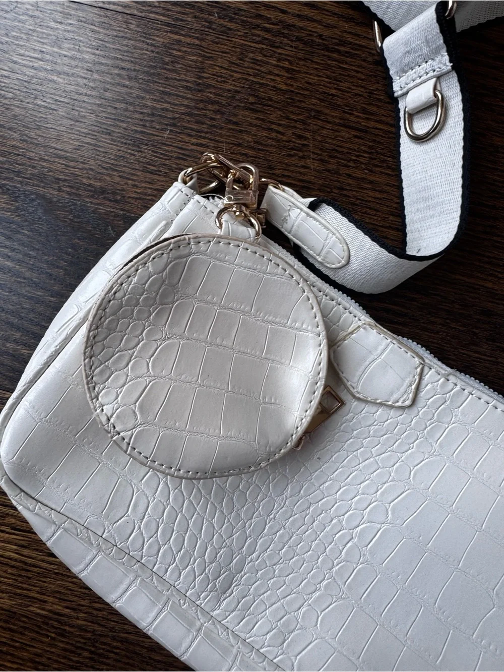 Women's White Croc-Embossed Shoulder Bag with Removable Coin Pouch